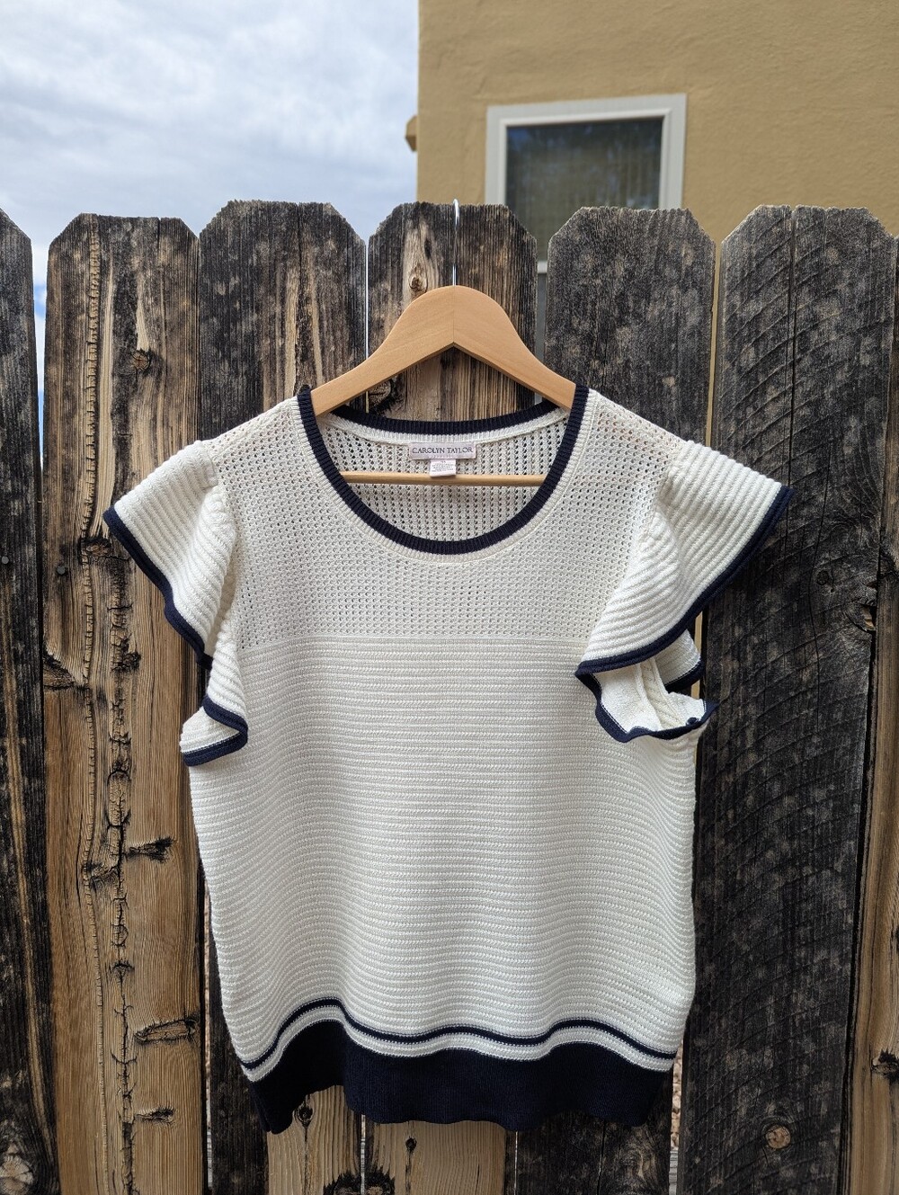 Knit Ruffle Sleeve Sweater - Cream with Black Trim